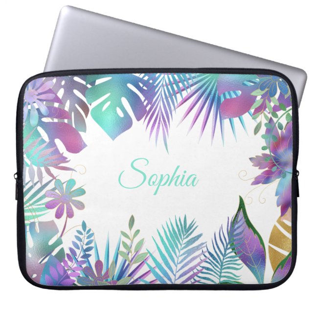 Iridescent Tropical Leaves, DIY Paars Name, White Laptop Sleeve (Voorkant)