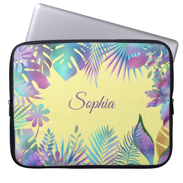 Iridescent Tropical Leaves DIY Paars Name, Yellow Laptop Sleeve (Voorkant)