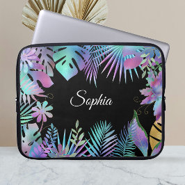 Iridescent Tropical Leaves, DIY White Name, Black Laptop Sleeve