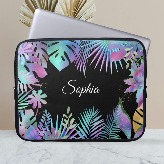 Iridescent Tropical Leaves, DIY White Name, Black Laptop Sleeve (Creator heeft geüpload)