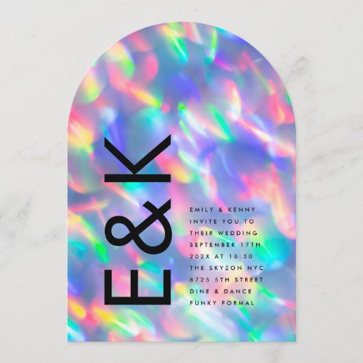 Iridescent Ultra Modern Monogram Wedding Arch Kaart (Voorkant)