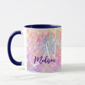 Iridescent unicorn roze faux glitter drip monogram mok (Links)