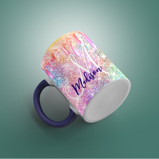 Iridescent unicorn roze faux glitter drip monogram mok