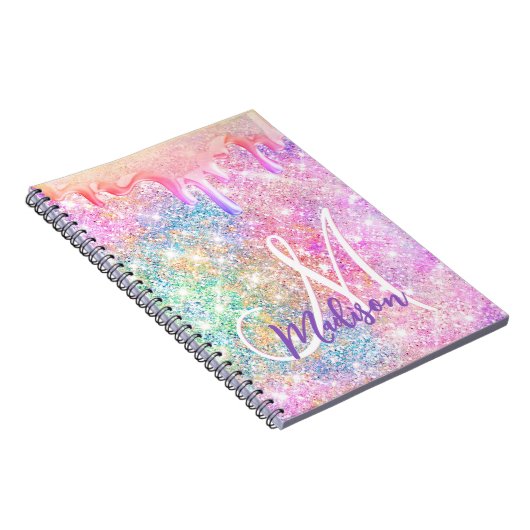 Iridescent unicorn roze faux glitter drip monogram notitieboek (Rechterzijde)