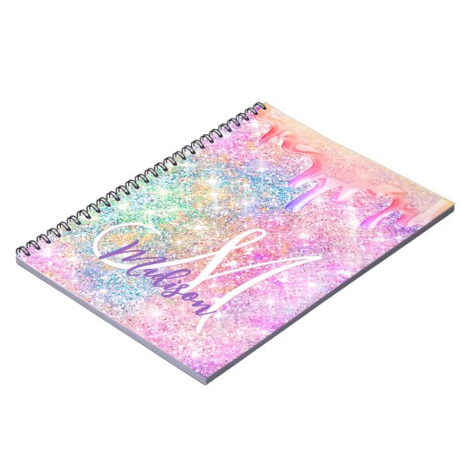Iridescent unicorn roze faux glitter drip monogram notitieboek (Linkerzijde)