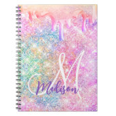 Iridescent unicorn roze faux glitter drip monogram notitieboek (Voorkant)