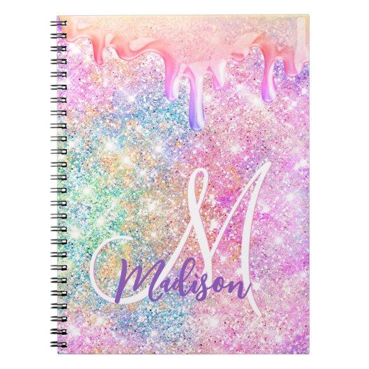 Iridescent unicorn roze faux glitter drip monogram notitieboek (Voorkant)