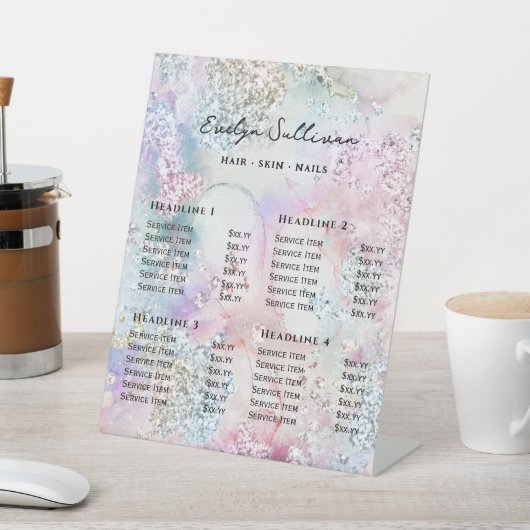 Iridescent waterverf prijslijst voetstuk teken reclamebord met voetstuk (Insitu)