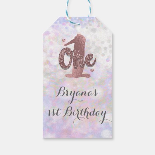 Iridescent White Sparkle Glam 1st Birthday Favor Cadeaulabel (Achterkant)