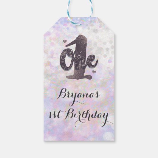 Iridescent White Sparkle Glam 1st Birthday Favor Cadeaulabel (Achterkant)