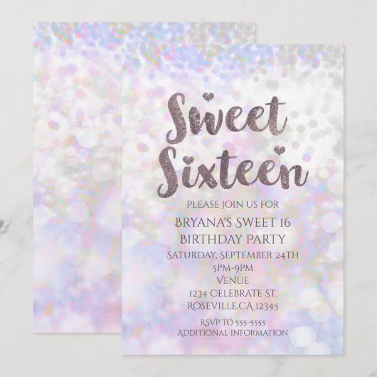 Iridescent White Sparkle Sweet 16 Party Uitnodigin Kaart (Voorkant / Achterkant)