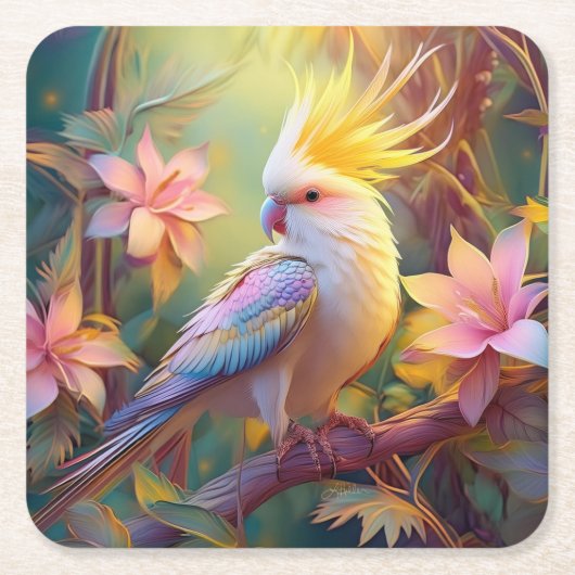 Iridescent Wing Cockatiel Fantasy Bird Kartonnen Onderzetters (Voorkant)