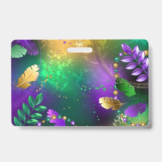 Iridescente achtergrond van carnaval met kralen badge (Voorzijde)