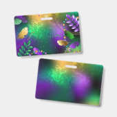 Iridescente achtergrond van carnaval met kralen badge (Voor- en achterkant)