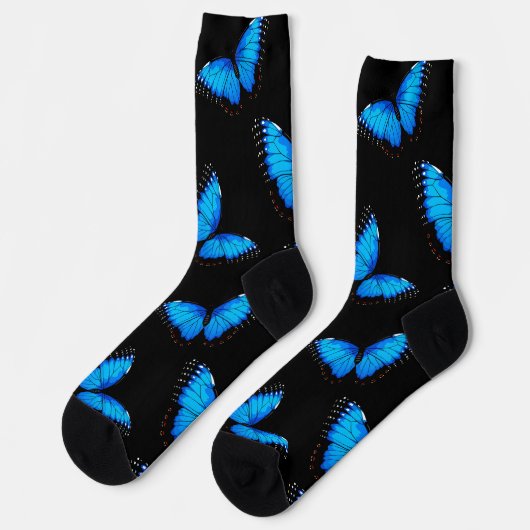 Iridescente Blauwe Vlinders Zwarte Patroon Sokken (Links)