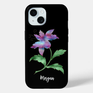 Iridescente Bloem op Zwart, Script Naam iPhone 15 Case
