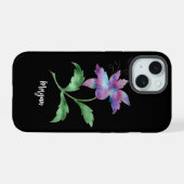 Iridescente Bloem op Zwart, Script Naam iPhone 15 Case (Achterkant horizontaal)