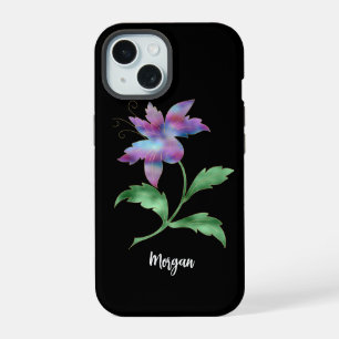 Iridescente Bloem op Zwart, Script Naam iPhone 15 Case