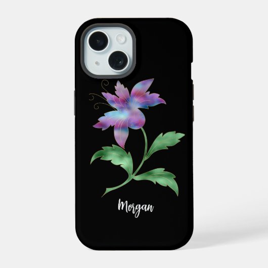Iridescente Bloem op Zwart, Script Naam iPhone 15 Case (Achterkant)