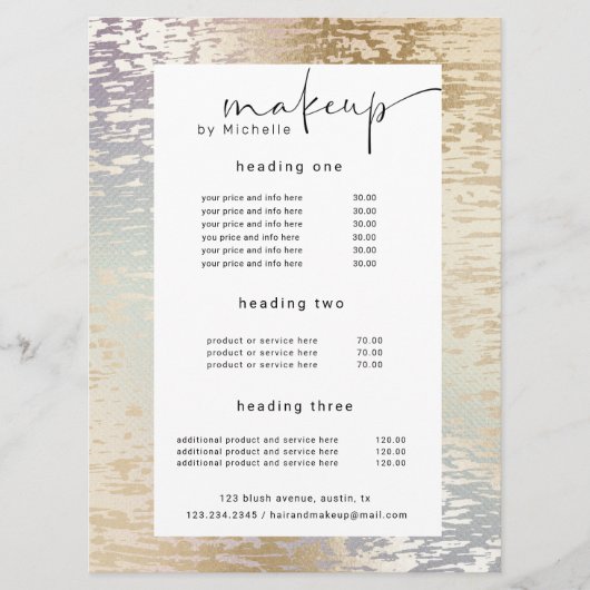 Iridescente gestructureerde moderne make-up prijsk menu (Voorkant)