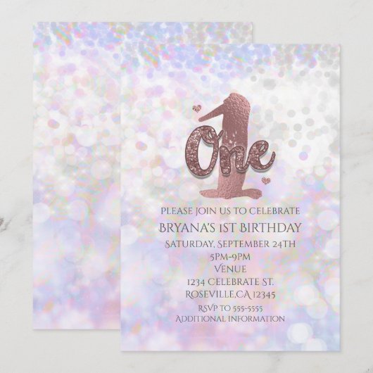 Iridescente Glitter Een 1e Verjaardagsuitnodiginge Kaart (Voorkant / Achterkant)