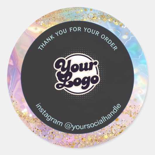 Iridescente holografische aangepaste logo naam dan ronde sticker (Voorkant)