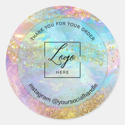 Iridescente holografische aangepaste logo naam dan ronde sticker (Voorkant)