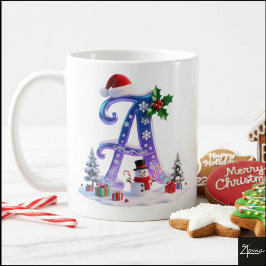 Iridescente kerstletter A met sneeuwman Koffiemok
