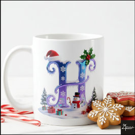 Iridescente kerstletter H met sneeuwman Koffiemok