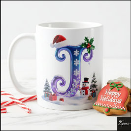 Iridescente kerstletter J met sneeuwman Koffiemok