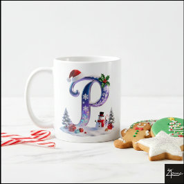Iridescente kerstletter P met sneeuwman Koffiemok