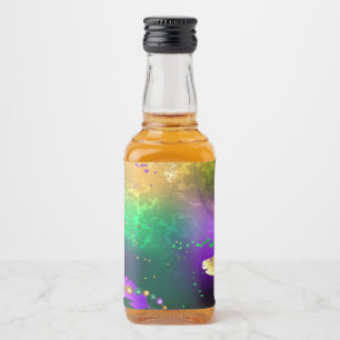 Iridescente mardi gras achtergrond met kralen likeurfles etiket