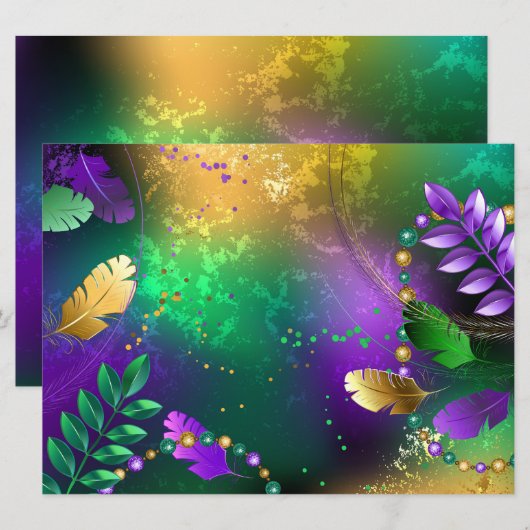 Iridescente mardi gras achtergrond met kralen save the date (Voorkant / Achterkant)