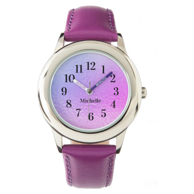 Iridescente Paarse Roze Parel Naam Horloge (Voorkant)