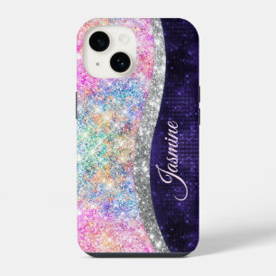 Iridescente paarse zilveren nepschitterende monogr iPhone 14 hoesje