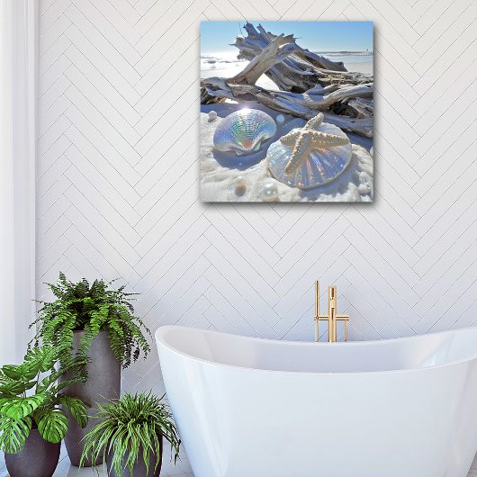 Iridescente schelpen Zeesterren Drijfhout Witte Za Poster