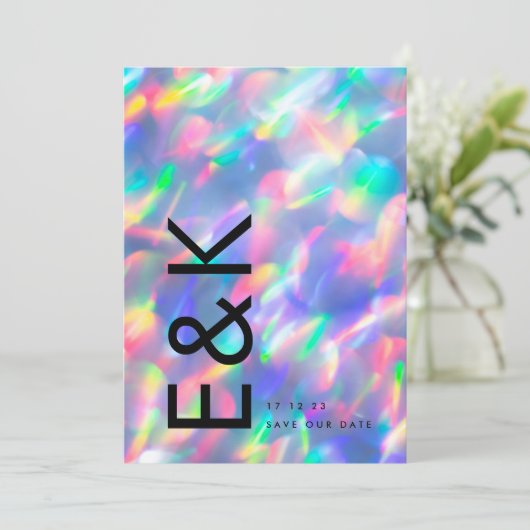 Iridescente ultra moderne monogram geen foto save the date (Staand voorkant)