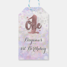 Iridescente Witte Glitter Glam 1e Verjaardag Favor Cadeaulabel