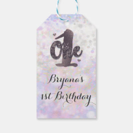 Iridescente Witte Glitter Glam 1e Verjaardag Favor Cadeaulabel