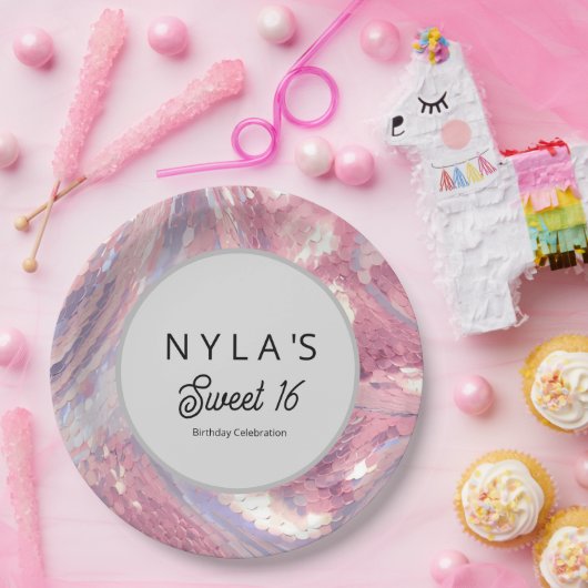 Iridesecent Pink and Purple Sequin Papieren Bordje (Feest)