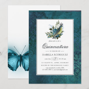 Iridiscerende Blauwe Vintage Wilde Bos Quinceañera Kaart