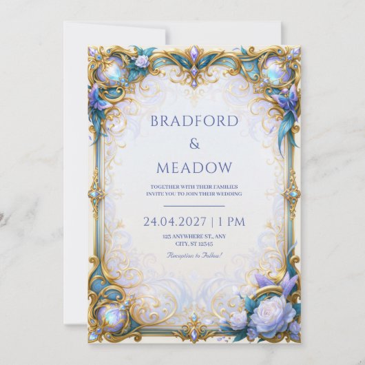 Iridiscerende Blauwe Vlinder Vergulde Frame Bruilo Kaart (Voorkant)