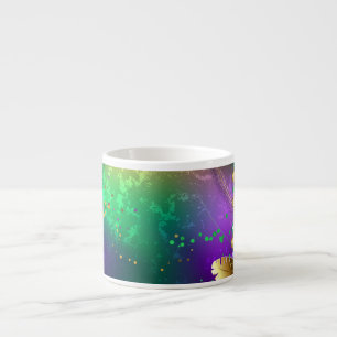 Iridiscerende mardi gras achtergrond met kralen espresso kop