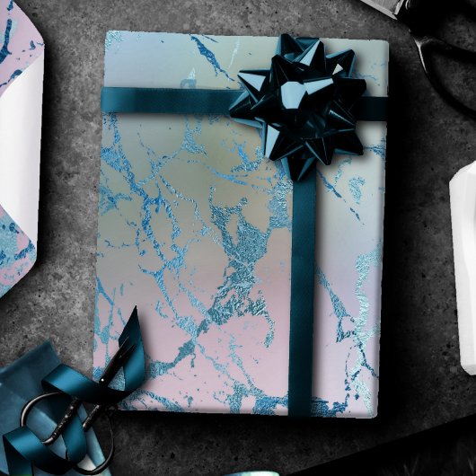 Iridiscerende Marmer | Trendy Nep Holo Blauw Roze Cadeaupapier