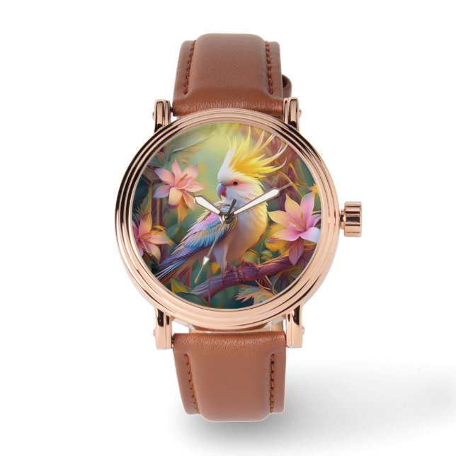 Iridiscerende Vleugel Cockatiel Fantasie Vogel Horloge (Voorkant)