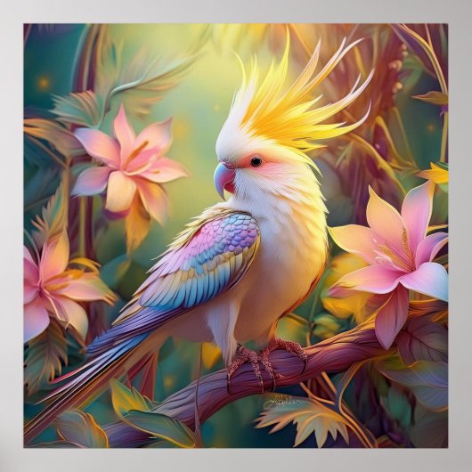 Iridiscerende Vleugel Cockatiel Fantasie Vogel Poster (Voorkant)
