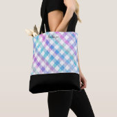 Iridiserend blauwe gingham-patroon met monogram tote bag (Dichtbij)