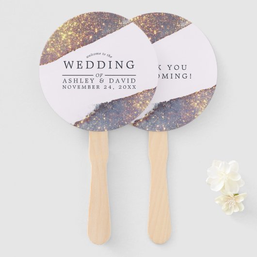 Iridiserend Paars Goud Glitter Chic Bruiloft Handwaaier (Voorkant en achterkant)
