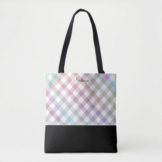 Iridiserend regenboog gingham patroon met monogram tote bag (Voorkant)