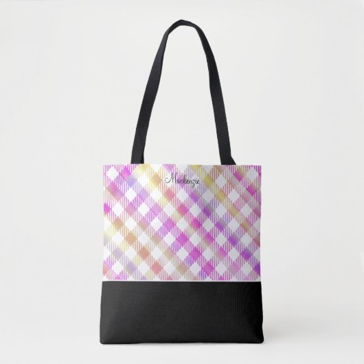 Iridiserend roze gingham patroon met monogram tote bag (Voorkant)